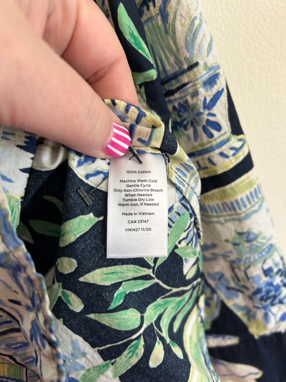 Talbots Navy Button-Front Shirt with Blue, White & Green Vase Print - Picture 3 of 7
